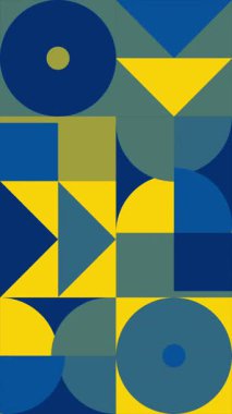 Dikey animasyon geometrik döngü deseni. 4K çözünürlüklü geometrik tasarım sarı ve mavi renklerde. Soyut hareket eden geometrik şekiller döngü arkaplanı.