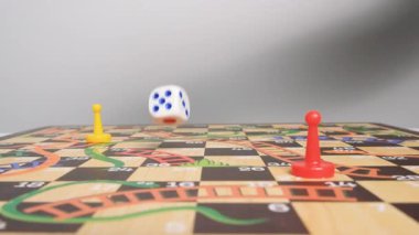 Masa oyununda zar atan bir elin yavaş çekim videosu. Arkadaş kavramlı masa oyunu