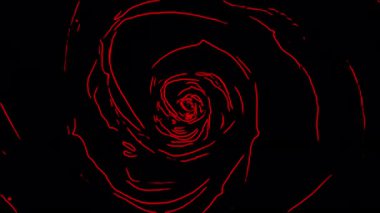 Siyah arka plan üzerinde keskin kırmızı çizgileri olan koyu ve yoğun bir gül animasyonu. Gül içe doğru dönüyor, çarpıcı bir görsel tarzla tutku ve gizemi çağrıştırıyor.
