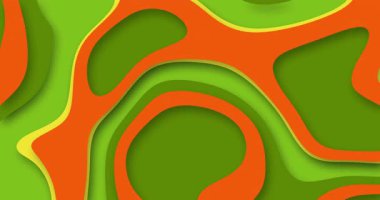 Soyut katmanlı kağıt kesim biçimi arkaplanı. Parlak turuncu, yeşil ve sarı organik şekiller eğlenceli ve modern üç boyutlu topografik tasarım yaratır. Posterler, duvar kağıtları, afişler ve sunumlar için mükemmel.