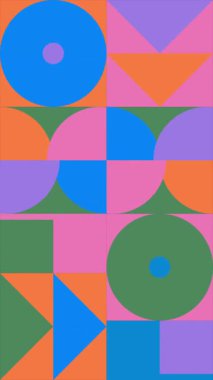 Dikey animasyon geometrik döngü deseni. Yeşil, sarı, turuncu ve mavi renklerde 4K çözünürlüklü geometrik hareket tasarımı. Soyut hareket eden geometrik şekiller döngü arkaplanı.