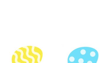 Animasyon Paskalya yumurtaları beyaz arka plan pansiyoneri veya çerçevesi üzerinde eğlenceli bir şekilde döner. Her yumurta eşsiz bir tasarıma sahiptir: dalgalı sarı çizgiler, mavi benekler ve kırmızı kalpler.