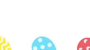 Animasyon Paskalya yumurtaları beyaz arka plan pansiyoneri veya çerçevesi üzerinde eğlenceli bir şekilde döner. Her yumurta eşsiz bir tasarıma sahiptir: dalgalı sarı çizgiler, mavi benekler ve kırmızı kalpler.