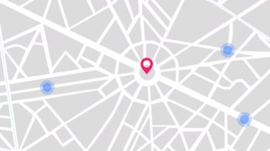 Merkezde kırmızı noktalı kırmızı noktalı animasyon şehir haritası, küçük mavi daireler dinamik bir şekilde beyaz caddelerde hareket ederken, navigasyon, gezinti paylaşımı ve kentsel hareketliliği simgeliyor..