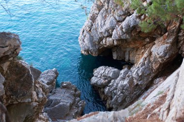 Top view of beautiful blue sea surface and fantastic rocky coast, Montenegro.