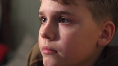 Bilgisayar ekranına ya da televizyona dikkatle bakan bir gencin yüzünü yakından çek. Öğrenci video oyunu oynuyor ya da film izliyor..