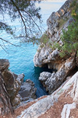 Top view of beautiful blue sea surface and fantastic rocky coast, Montenegro.