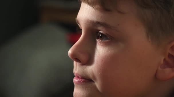 Vážná Soustředěná Tvář Teenagera Který Dívá Notebook Nebo Televizní Monitor — Stock video