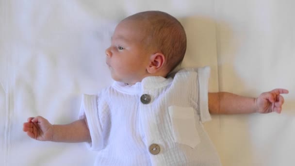 Portrait Cute Newborn Baby Close Newborn Lies Waves His Arms — Stock Video
