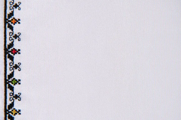 Tekstura Tkaniny Białej Tkaniny Haftowanej Granicy Dekoracyjny Haft Ręczny Odzież — Zdjęcie stockowe