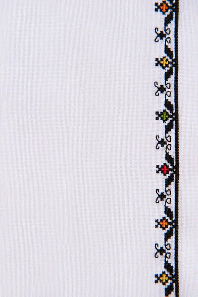 Texture of Linen White Fabric with Embroidered Border. Decorative Hand Embroidery, Clothes Decoration Tablecloths or Napkins, Ethnic Cover.