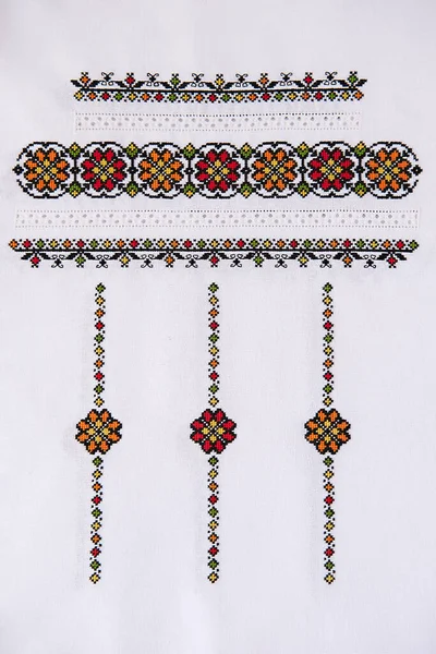 Ukrainian embroidered folk pattern ornament. Design of ethnic textures. Geometric ornament. Embroidered element with a cross stitch with colored cotton threads.