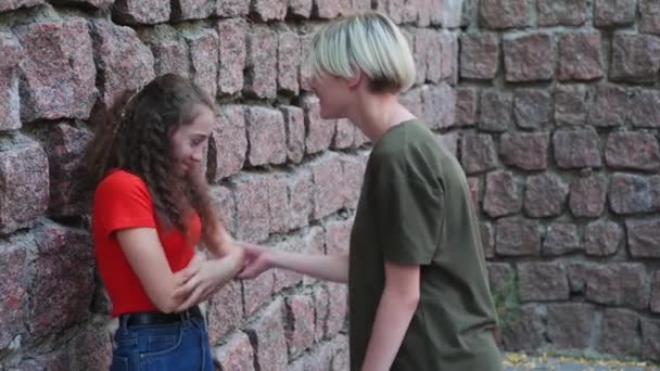 Egy Középiskolás Lány Terrorizálja Osztálytársát Lökdösi Megfenyegeti Iskolai Zaklatás Erőszak — Stock videók