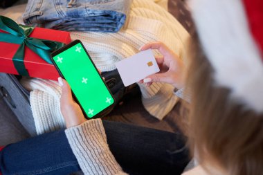 Akıllı telefon ve ödeme kartının bir kopyası. Bir kadın tatil gezisi için para öder ya da internetten hediye alır. Otel rezervasyonu..