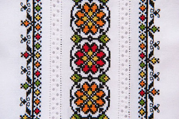 Slavic cross stitch by colored cotton threads. Design of ethnic pattern with cross stitch and hemstitch technique. Background with Embroidery Texture.