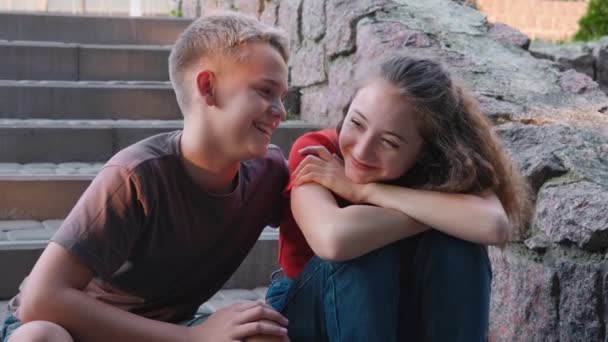 First Love Date Teenage Boy Hugs Girl Sitting Steps Talking — Stock Video