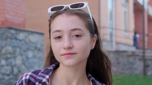 Close Portrait Caucasian Confident Teenage Girl Glasses Her Head Young — Wideo stockowe