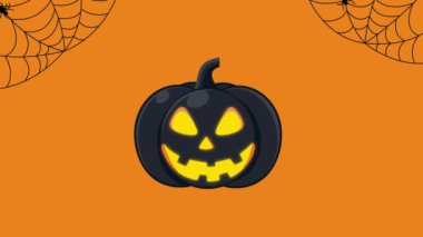 Siyah Cadılar Bayramı balkabağı animasyonu, parlak yüzlü, turuncu arka planda örümcek ağı, ürkütücü tatil görüntüleri için mükemmel..