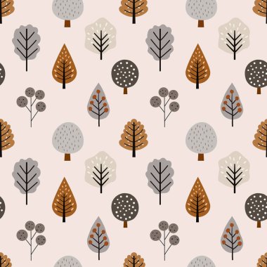 Tarafsız ve ılık İskandinav renklerinde soyut ağaçlarla kusursuz sonbahar deseni. Tekstil tasarımı, arka plan veya mevsimlik projeler için.