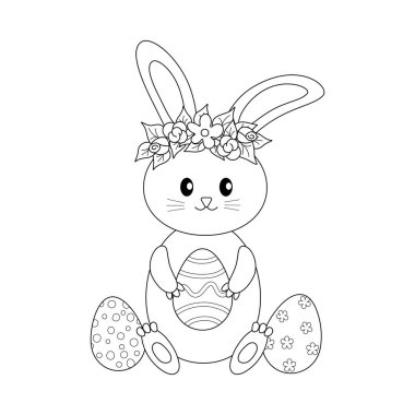 Bir Paskalya tavşanının elinde çiçekli detaylarla süslenmiş ve etrafı çocuk boyama faaliyetleri için ideal desenli yumurtalarla çevrili bir yumurta tutmasının sevimli siyah-beyaz çizimi..