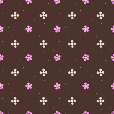 Koyu kahverengi arka planda minimalist pembe ve bej çiçekli pürüzsüz bahar deseni.