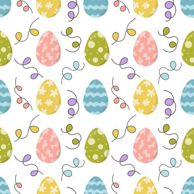 Colorful Easter Egg Seamless Pattern with Festive Decorations, Spring Holiday Background for Textiles Paper and Crafts. clipart