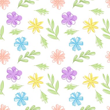 Şirin renkli bahar çiçekleri ve kumaş, ambalaj kağıdı ve dekor için beyaz arka planda pürüzsüz desenler bırakıyor..