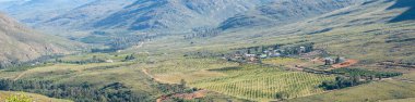CEDERBERG, Güney Afrika - SEP 9, 2022: Batı Cederberg Burnu yakınlarındaki Cezayir Geçidi 'nden Nieuwoudt Geçidi' nde görülen Jamaka organik çiftliğinin panoraması