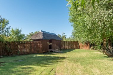 Augrabies Ulusal Parkı, Güney Afrika - 26 Şubat 2023 Augrabies Falls Ulusal Parkı 'ndaki karavan parkında saklanan kuş.