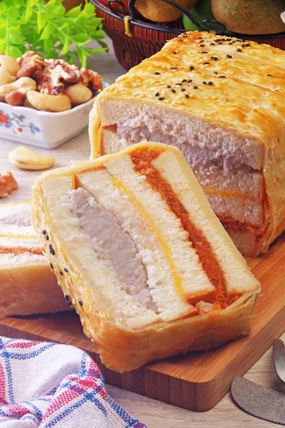 Crepes Cake Stuffed Mush Sweet Taro Pork Floss Wooden Cutting — Stock Photo, Image