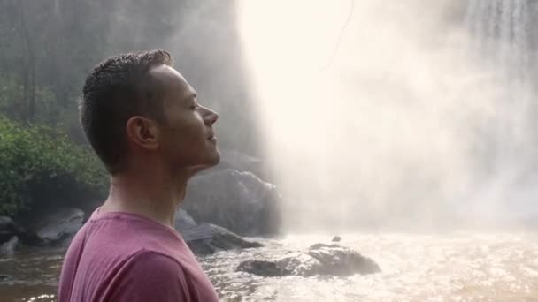 Man Enjoying View Huge Waterfall Portrait Tourist Tropical Nature Real — Stock Video
