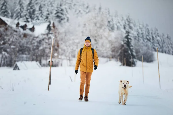 冬天带着狗的人宠物主人带着他可爱的拉布拉多猎犬在雪地的路上行走 — 图库照片