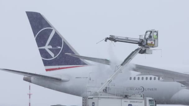 Praga Czechy Grudnia 2022 Odladzanie Samolotu Lot Boeing 787 Śnieg — Wideo stockowe