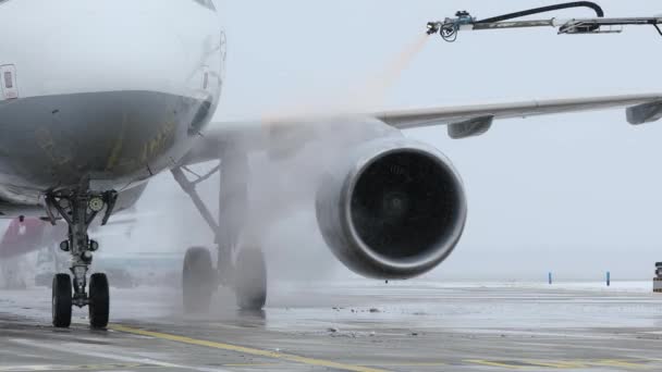 Прага Чехія Грудня 2022 Охолодження Крила Літака Під Час Снігопаду — стокове відео