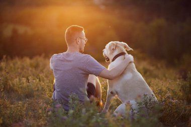 Gün batımında çayırda köpekli bir adam. Hayvan sahibi sadık Labrador Retriever 'la çimenlerde oturuyor.