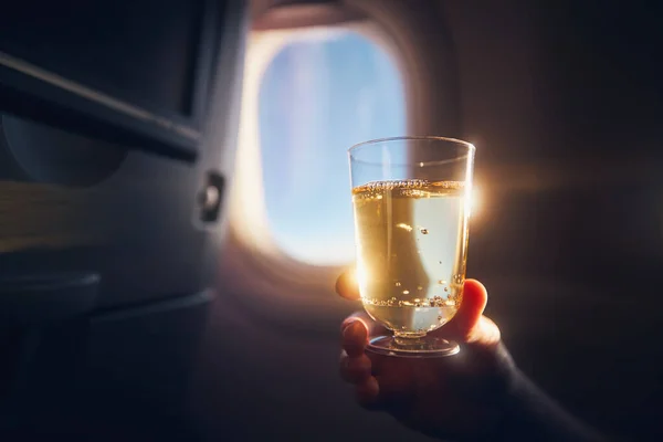 Man Enjoying Drink Flight Passenger Holding Glass Sparkling Wine Airplane — стоковое фото