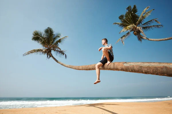 Człowiek Siedzący Palmie Cieszący Się Widokiem Morze Idylijska Plaża Piaszczysta — Zdjęcie stockowe