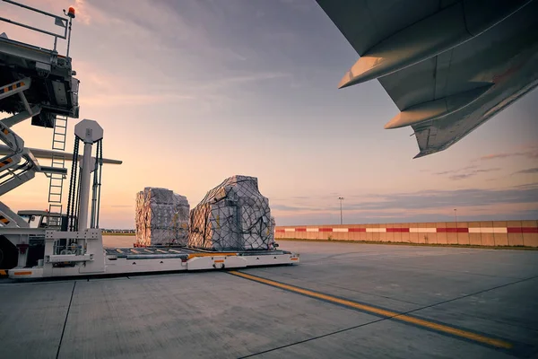 Preparation freight airplane before flight. Loading of cargo containers to plane at airport at sunset.