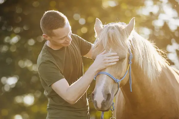 Man is embracing of therapy horse. Themes hippotherapy, care and friendship between people and animals