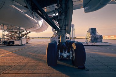 Landing gear of large plane. Preparation cargo airplane before flight at beautiful sunset. Unloading and loading of freight containers at airport. clipart