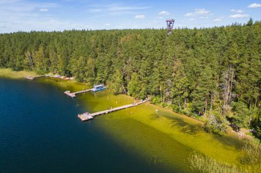 Litvanya 'daki Labanoras Bölgesel Parkı' nda İskeleli Göl Kıyısı
