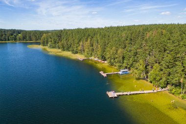 Litvanya 'daki Labanoras Bölgesel Parkı' nda İskeleli Göl Kıyısı