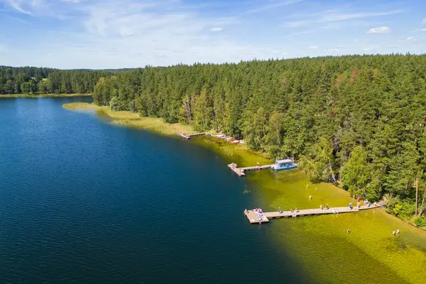 Litvanya 'daki Labanoras Bölgesel Parkı' nda İskeleli Göl Kıyısı
