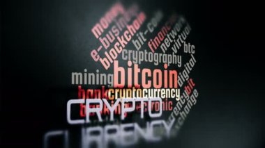 Sanal kripto para birimi Bitcoin kelime bulut arkaplanı. 4K UHD hareket canlandırma döngüsü.