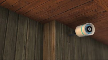 Ahşap çatının üstündeki modern güvenlik kamerası. 4K UHD sonsuz döngü 3B video animasyonu.