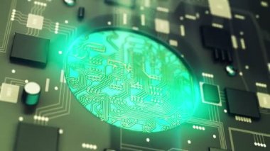 4K UHD video devre kartı animasyonunda şifreli para birimi Bitcoin sembolü. Dijital para madenciliği parası.