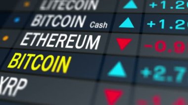 Bitcoin yatırım borsasında başarılı bir kripto para simgesi. Tam HD video canlandırma döngüsü.