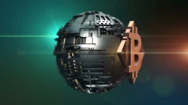Bitcoin dijital kripto para birimi sembolü blockchain ağı dünya 3D video animasyonu etrafında döner