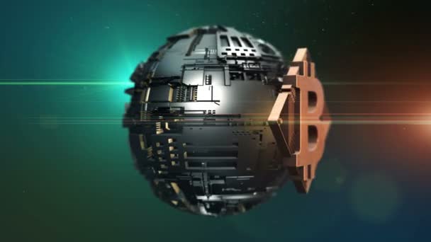 Bitcoinデジタル暗号通貨シンボルはブロックチェーンネットワーク世界を中心に回転します3Dビデオアニメーション — ストック動画