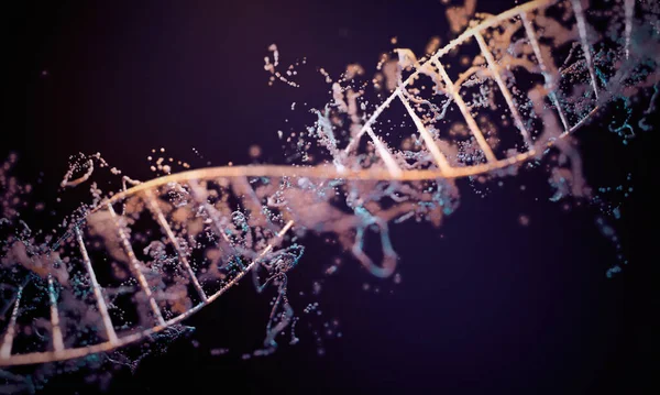 将来の抽象的な輝く二重らせんDna生物高分子のフィールドの深さです 謎のソースゲノム科学3D背景 遺伝子情報の概念設計 ロイヤリティフリーのストック画像